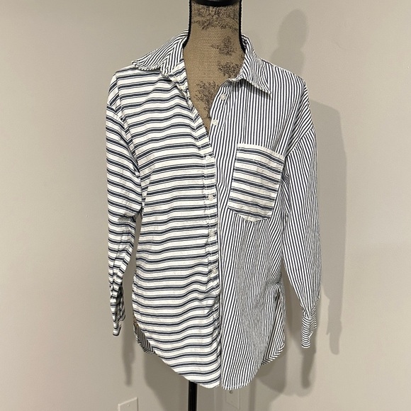 Anthropologie Maeve Bennet button down  blue/white color block shirt size medium - Picture 7 of 12